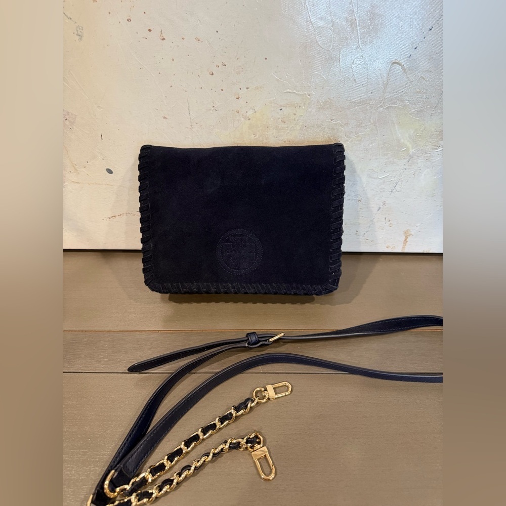Tory Burch Marion Suede Crossbody Clutch Navy Blue Gold Chain Whipstitch Bag - Picture 12 of 12
